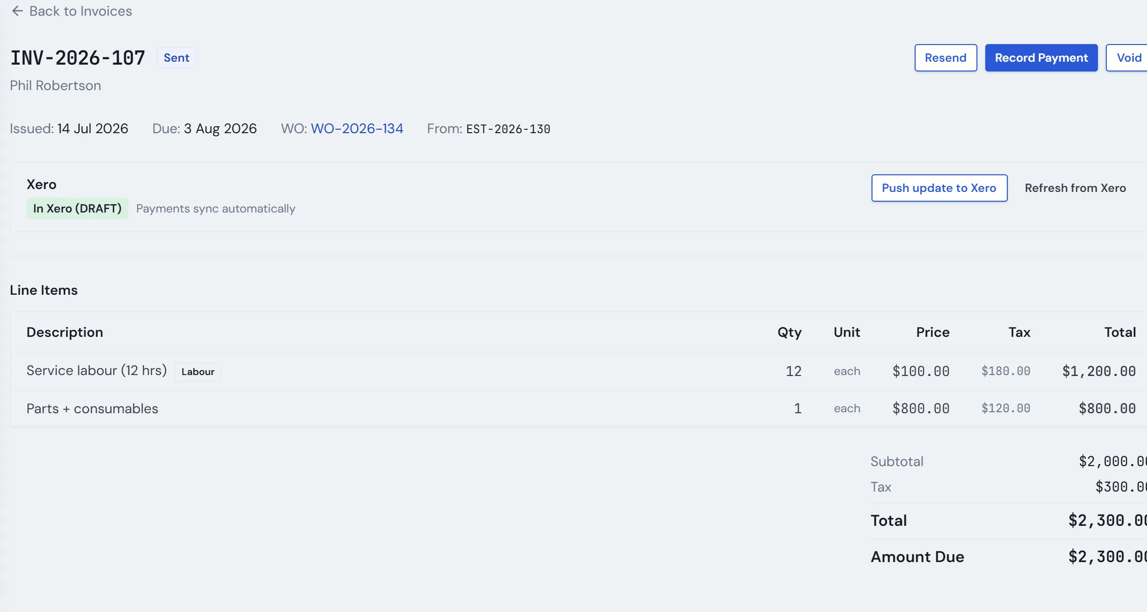 A VesselOne invoice pushed to Xero with its payment state
