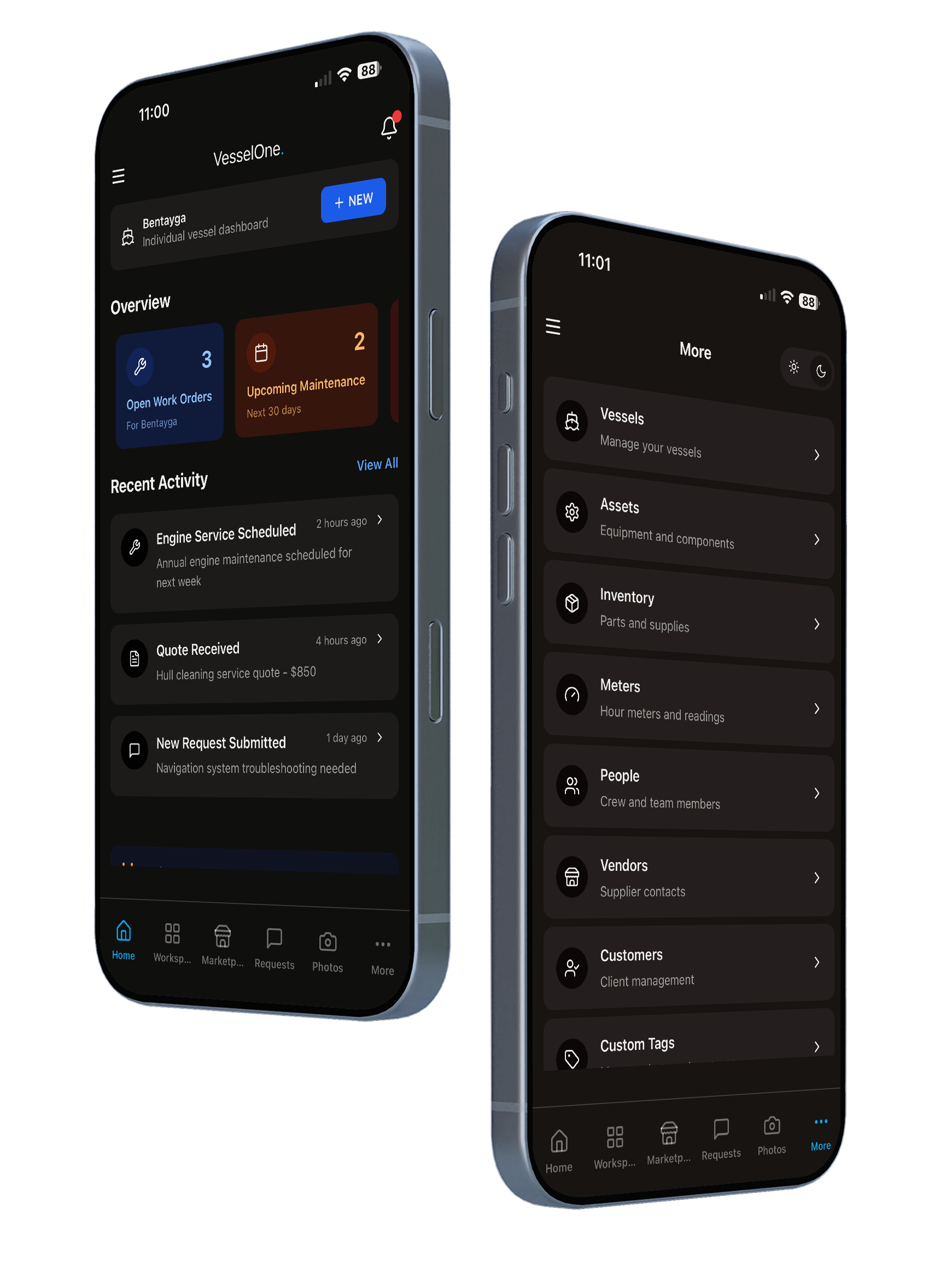 VesselOne mobile app interface showing vessel management dashboard with Sea Breeze sailboat and Ocean Runner powerboat entries, featuring vessel status indicators and navigation tabs for managing maritime operations